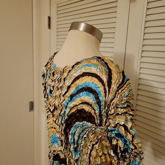 Y2K Crinkle Stretch Top Acrylic Paint Swirl Brown Blue Beige One Size Fits All - Picture 5 of 6